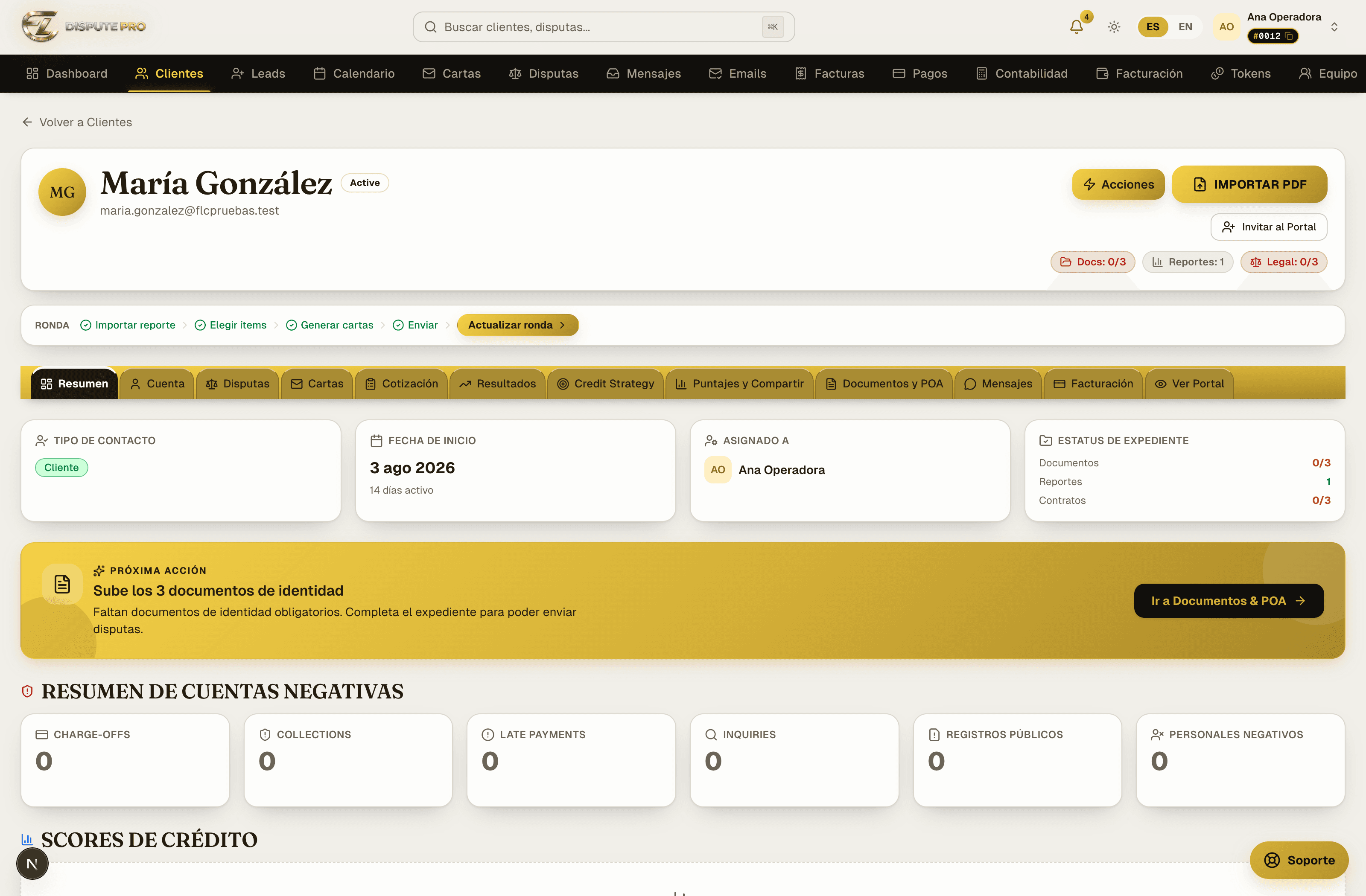 Ficha de cliente con las etapas de la ronda y sus pestañas